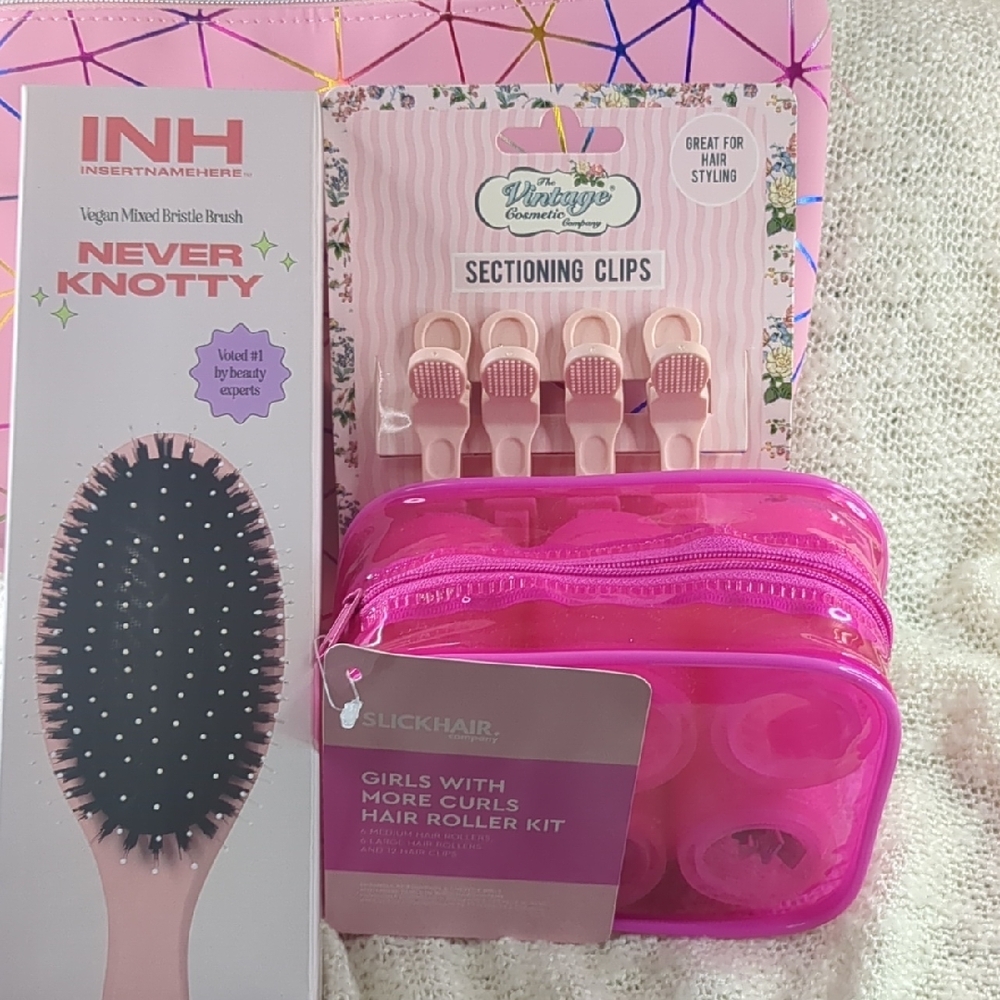 INH Never Knotty Brush/Slickhair Roller/Vintage Cosmetic Co. Hair Clips Bundle
